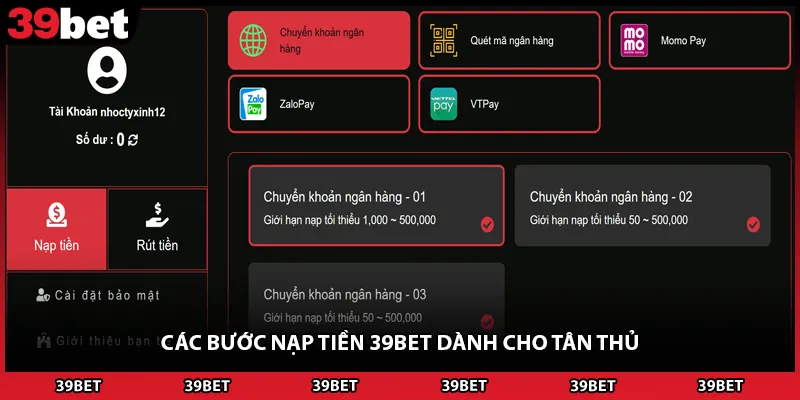 Các bước nạp tiền 39BET dành cho tân thủ